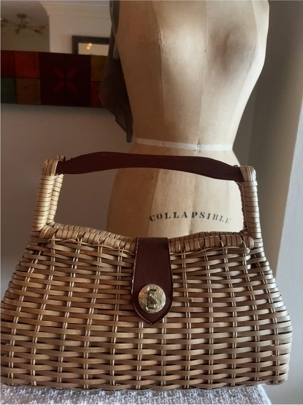 VTG 1950s wicker basket purse Straw Top-Handle Bag Brown Leather handle